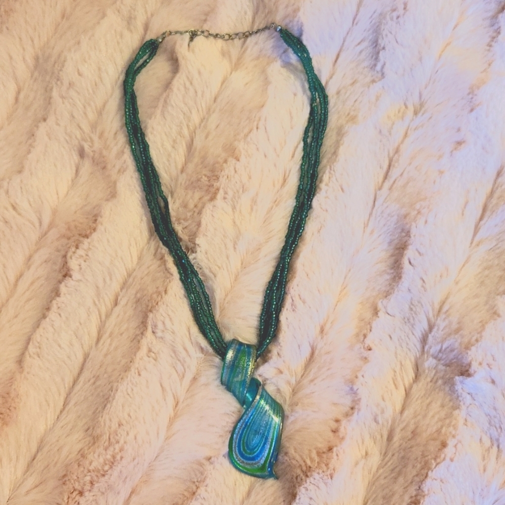 Blown glass pendant beaded necklace